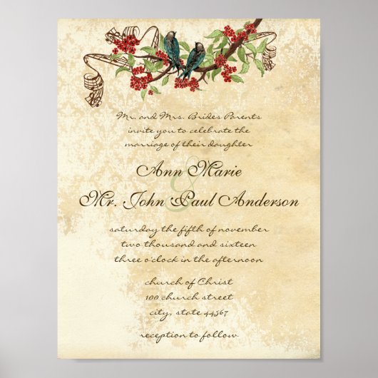 音楽ヴィンテージティール（緑がかった色）バードレッド開花結婚式の招待 ポスター (正面)