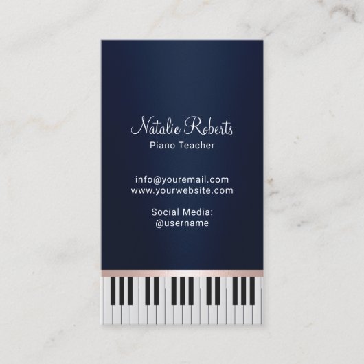 音楽先生エレガントネイビーブルーピアノ鍵 名刺 (正面)