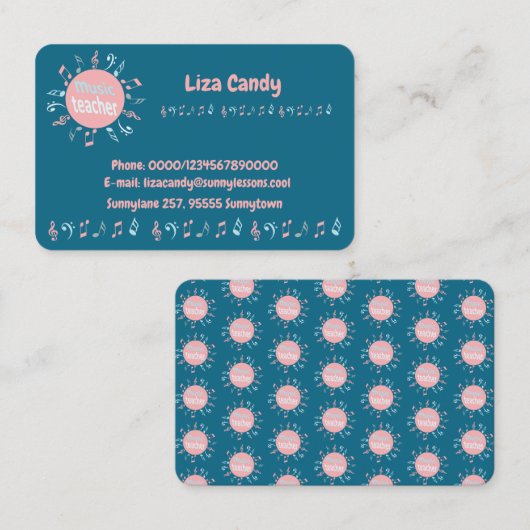 音楽先生エレガントノートの青い背景 名刺 (正面/裏面)