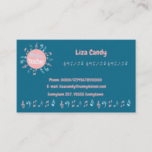 音楽先生エレガントノートの青い背景 名刺 (正面)