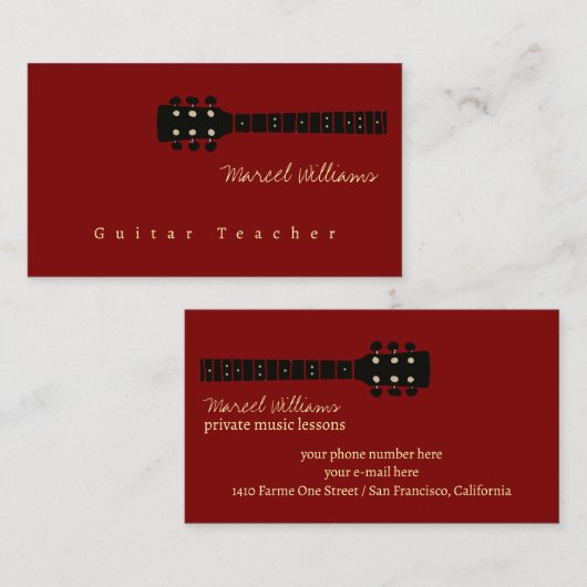 音楽先生ギターダークレッド 名刺 (正面/裏面)