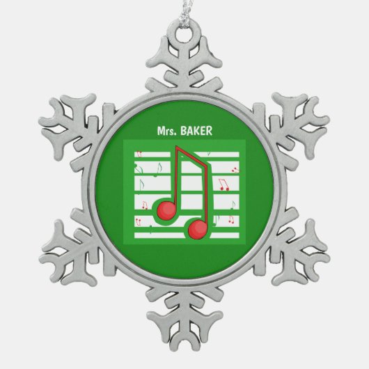 音楽先生クリスマス、緑のノート スノーフレークピューターオーナメント (正面)