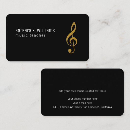 音楽先生ブラックビジネスカードと音楽ノート 名刺 (正面/裏面)