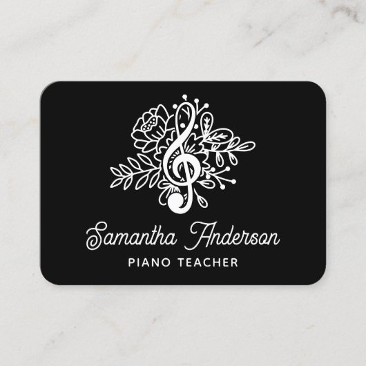 音楽先生モダンブラックフローラトレブルクレフ、 音符記号 名刺 (正面)