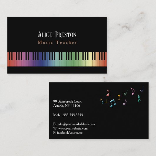 音楽先生 |ピアノカラフル鍵名刺 名刺 (正面/裏面)