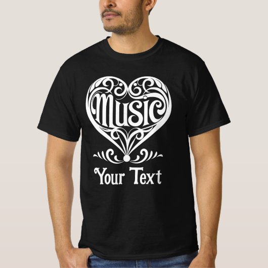 音楽好きな人のための優雅なスクロールハートのカスタマイズデザイン Tシャツ (正面)