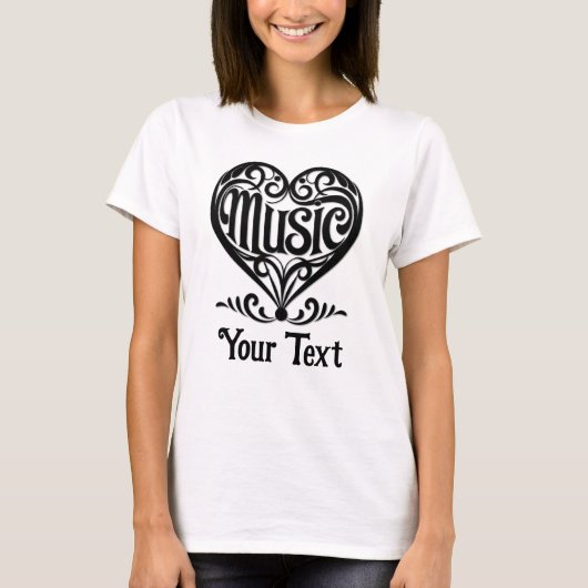 音楽好きな人のための優雅なスクロールハートのカスタマイズデザイン Tシャツ (正面)