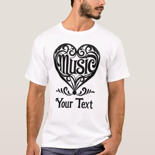 音楽好きな人のための優雅なスクロールハートのカスタマイズデザイン Tシャツ (正面)