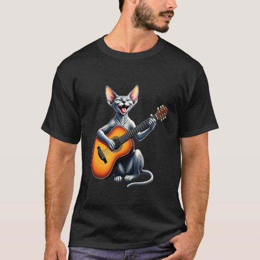 音楽好きのためのスフィンクス猫のギター・デザイン Tシャツ (正面)