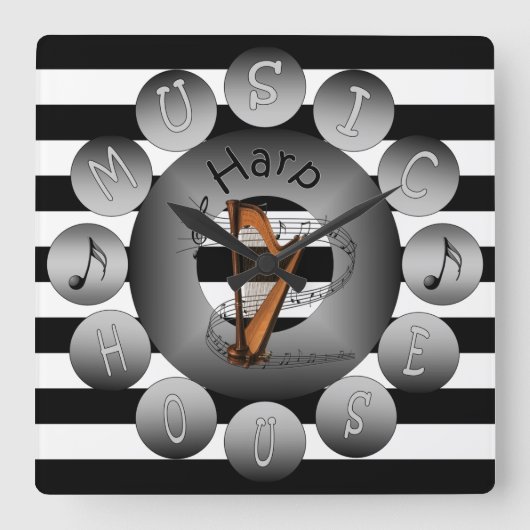 音楽家の時計の~のハープの~の螺線形のスケールの~Stripesの~ スクエア壁時計 (正面)