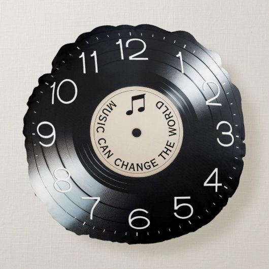 音楽引用文付きブラックビニールレコードアルバム ラウンドクッション (正面)