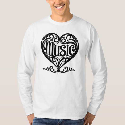 音楽愛好家のための優雅なスクロールハート Tシャツ (正面)