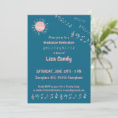 音楽教師の卒業パーティー 青い背景の音符 招待状 (スタンド正面)