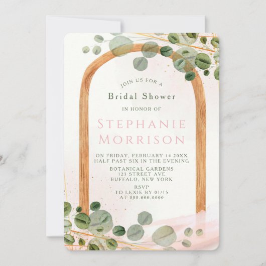 音楽木製アーチユーカリプトゥスピンクブライダルシャワー 招待状 (正面)