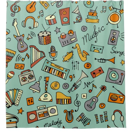 音楽楽器のスケッチ、シームレスなパターン シャワーカーテン (正面)