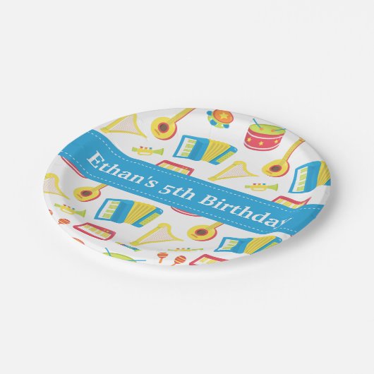 音楽楽器の子供の誕生日のパーティーの青の旗 ペーパープレート (アングル)