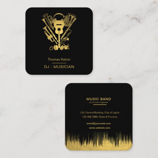 音楽楽器イベントオーガナイザーDJsブラック金ゴールド スクエア名刺 (正面/裏面)