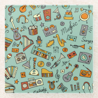 音楽楽器、ヴィンテージスケッチパターン。 ガラスコースター
