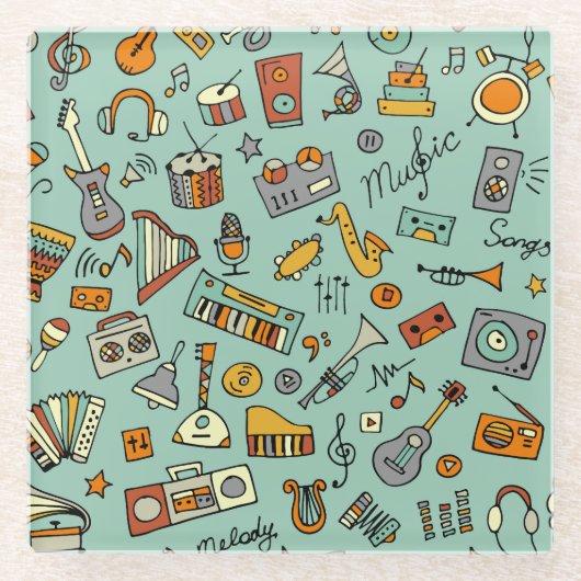 音楽楽器、ヴィンテージスケッチパターン。 ガラスコースター (正面)