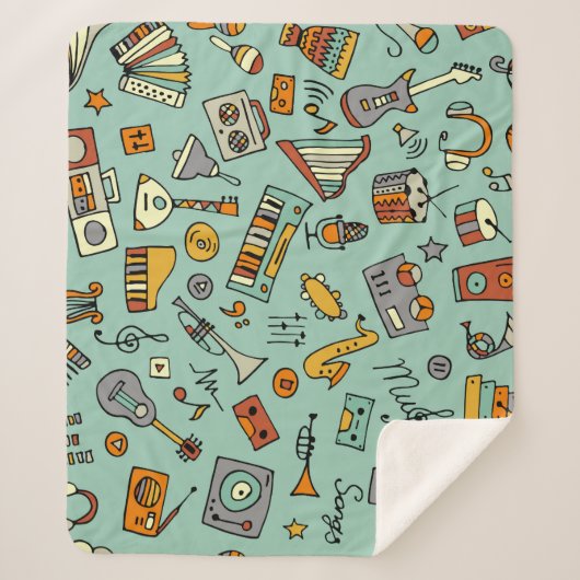 音楽楽器、ヴィンテージスケッチパターン。 シェルパブランケット (正面)