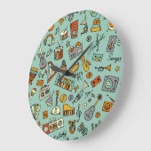 音楽楽器、ヴィンテージスケッチパターン。 ラージ壁時計 (傾斜)