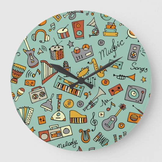 音楽楽器、ヴィンテージスケッチパターン。 ラージ壁時計 (正面)