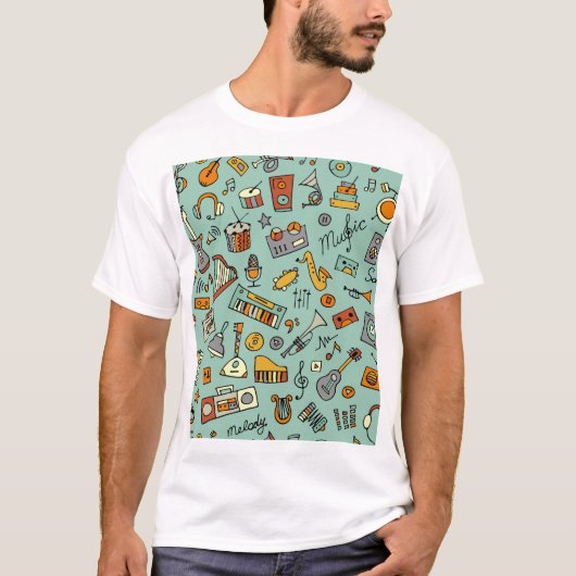 音楽楽器、ヴィンテージスケッチパターン。 Tシャツ (正面)