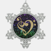 音楽的なクレフ、音符記号のハートのグリッターの休日のオーナメント スノーフレークピューターオーナメント (正面)