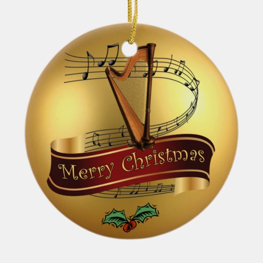 ~音楽的なスクロール~の金ゴールドのメリークリスマスの~を同じことをくどくど言って下さい セラミックオーナメント (正面)