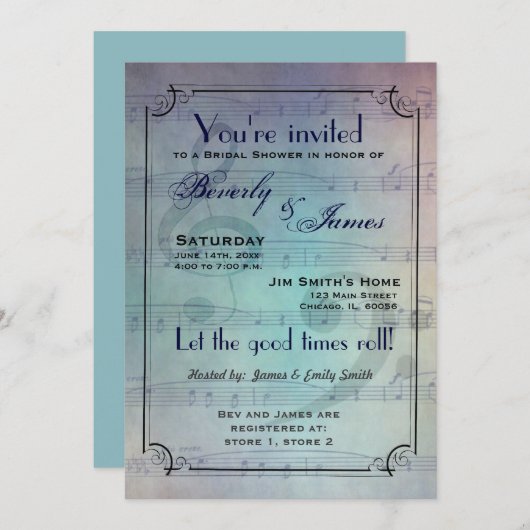 音楽的なテーマのブライダルシャワーの招待 招待状 (正面/裏面)
