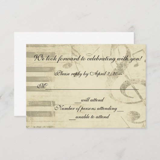 音楽的な音楽デザインの結婚式招待状RSVPの応答 出欠カード (正面/裏面)