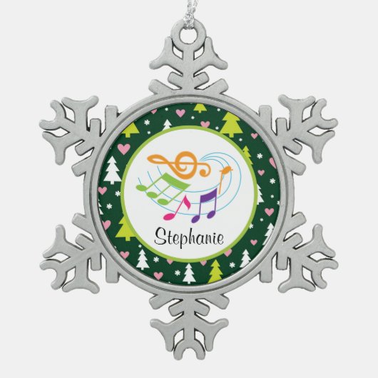 音楽聖歌隊はピアノパーソナライズなオーナメントにバンドを付けます スノーフレークピューターオーナメント (正面)