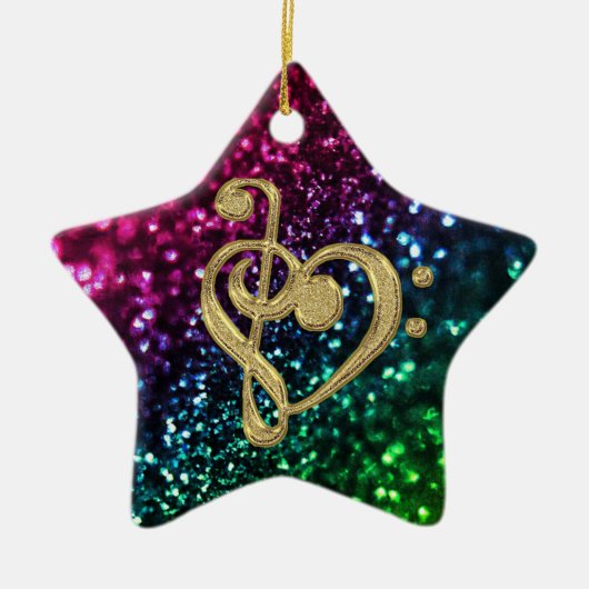 音楽記号を用いる光っている着色された星 セラミックオーナメント (正面)