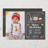音楽誕生日のパーティの招待状の黒板の写真 招待状 (正面/裏面)