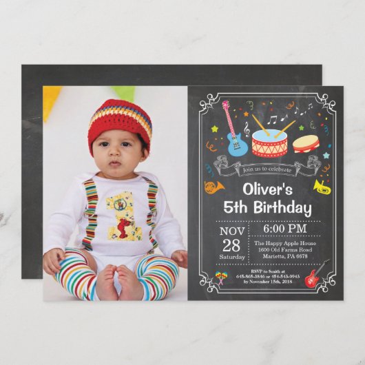 音楽誕生日のパーティの招待状の黒板の写真 招待状 (正面/裏面)