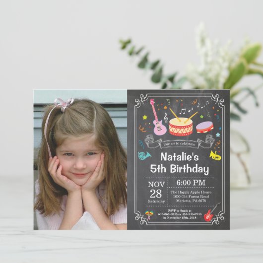 音楽誕生日のパーティの招待状の黒板の写真 招待状 (スタンド正面)