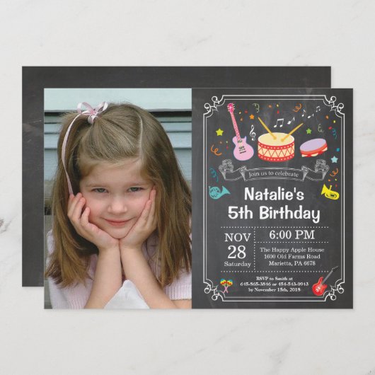 音楽誕生日のパーティの招待状の黒板の写真 招待状 (正面/裏面)