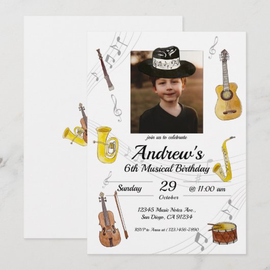音楽誕生日 招待状 (正面/裏面)