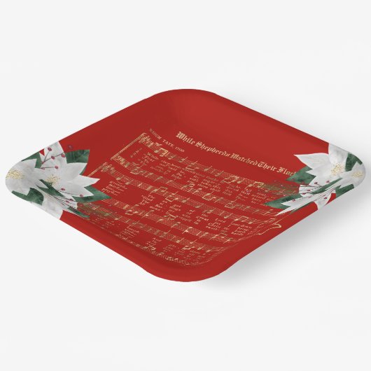 音楽金ゴールドホワイトポインセチア賛美歌クリスマス ペーパープレート (傾斜あり)