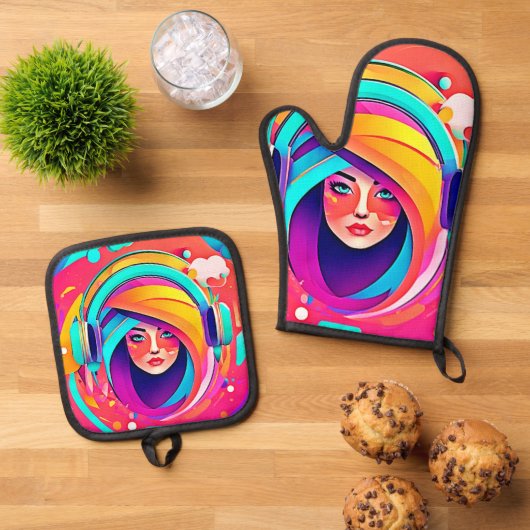 音楽鮮やか流れ 鍋つかみ&鍋敷きセット (トップダウン)