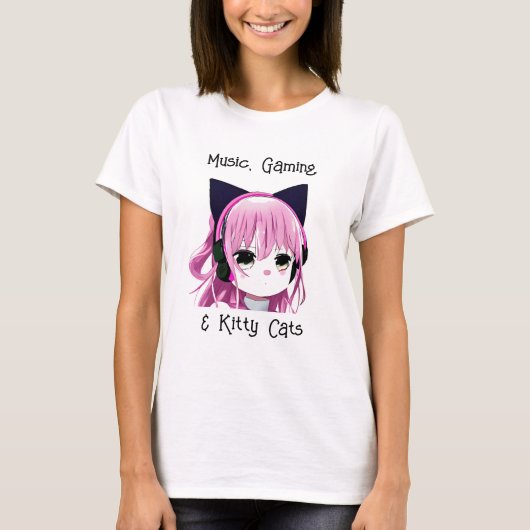 音楽、ゲーム、猫たち |アニメガール Tシャツ (正面)