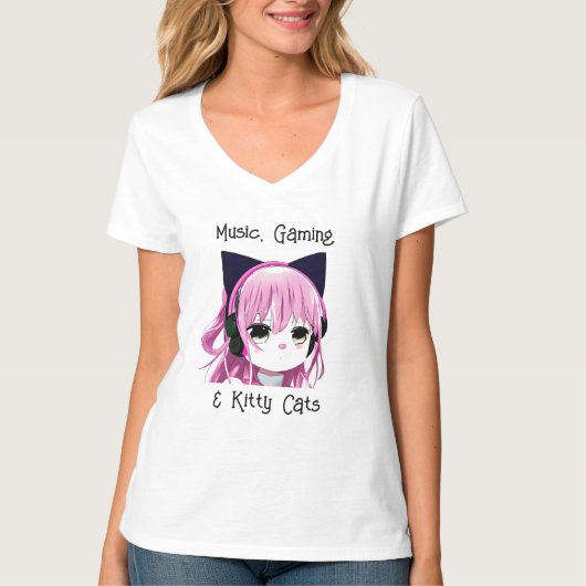 音楽、ゲーム、猫たち |アニメガール Tシャツ (正面)