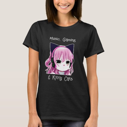 音楽、ゲーム、猫たち |アニメガール Tシャツ (正面)