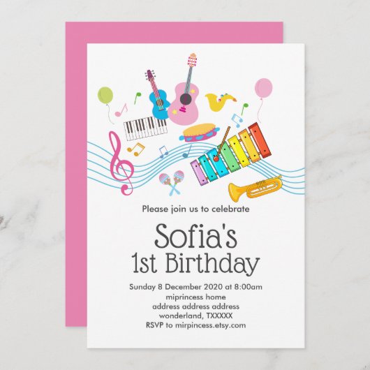 音楽、ミュージカル楽器ドラムキッズ 招待状 (正面/裏面)