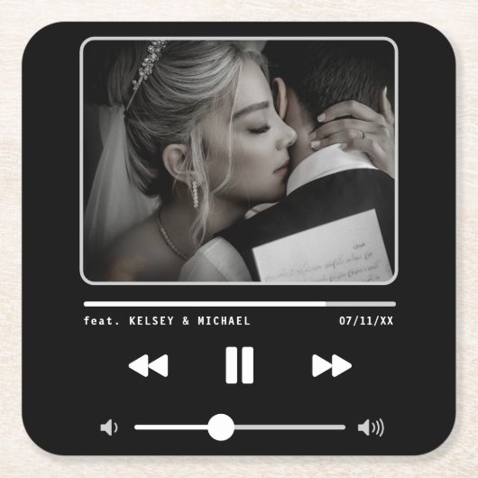 音楽MP3結婚プレーヤーの黒 スクエアペーパーコースター (正面)