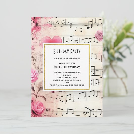 音符とバラヴィンテージデザイン誕生日 招待状 (スタンド正面)