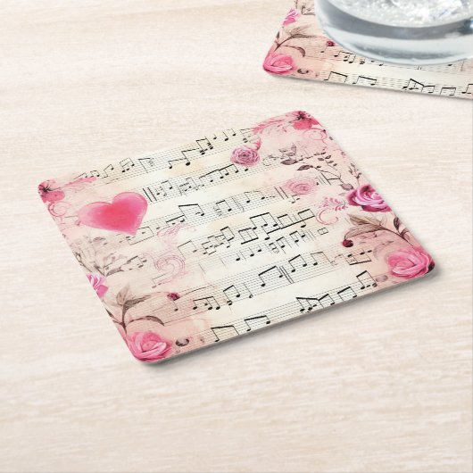 音符とバラヴィンテージデザイン スクエアペーパーコースター (アングル)