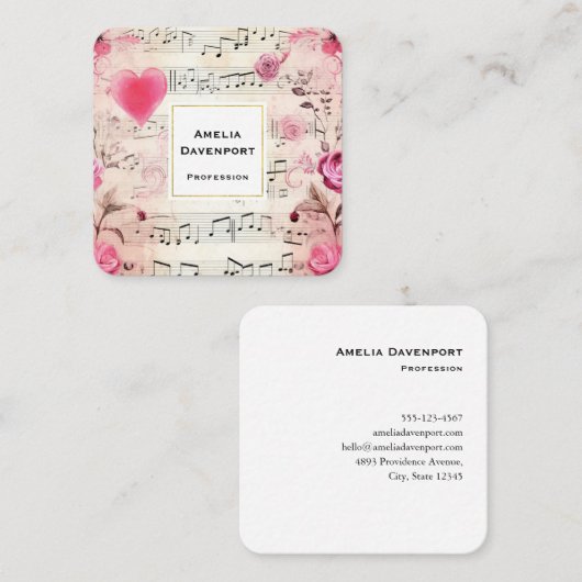 音符とバラヴィンテージデザイン スクエア名刺 (正面/裏面)