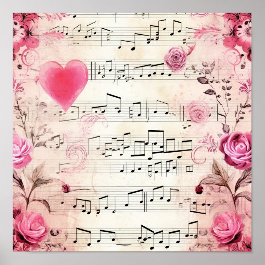 音符とバラヴィンテージデザイン ポスター (正面)