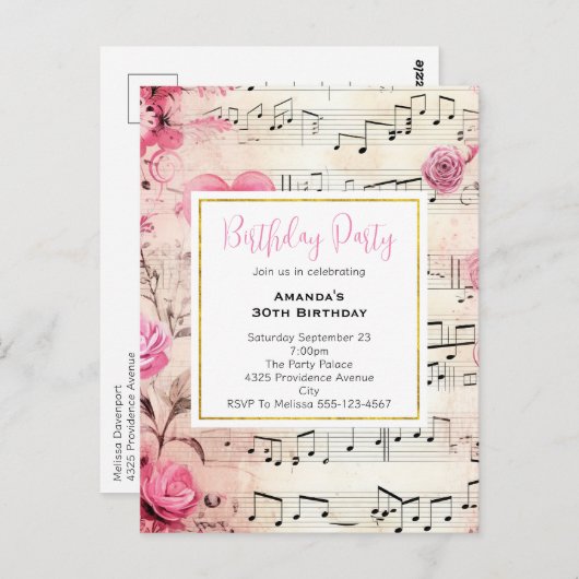 音符とバラヴィンテージ誕生日招待状 ポストカード (正面/裏面)
